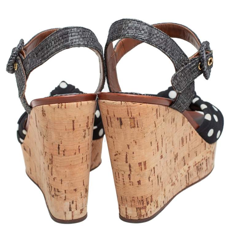 Pre Owned Dolce & Gabbana Black Polka Dot Fabric and Raffia Knot Cork Wedge Sandals Size 38