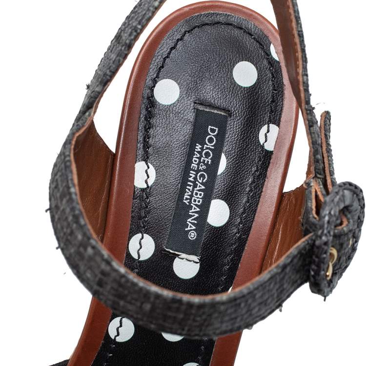 Pre Owned Dolce & Gabbana Black Polka Dot Fabric and Raffia Knot Cork Wedge Sandals Size 38