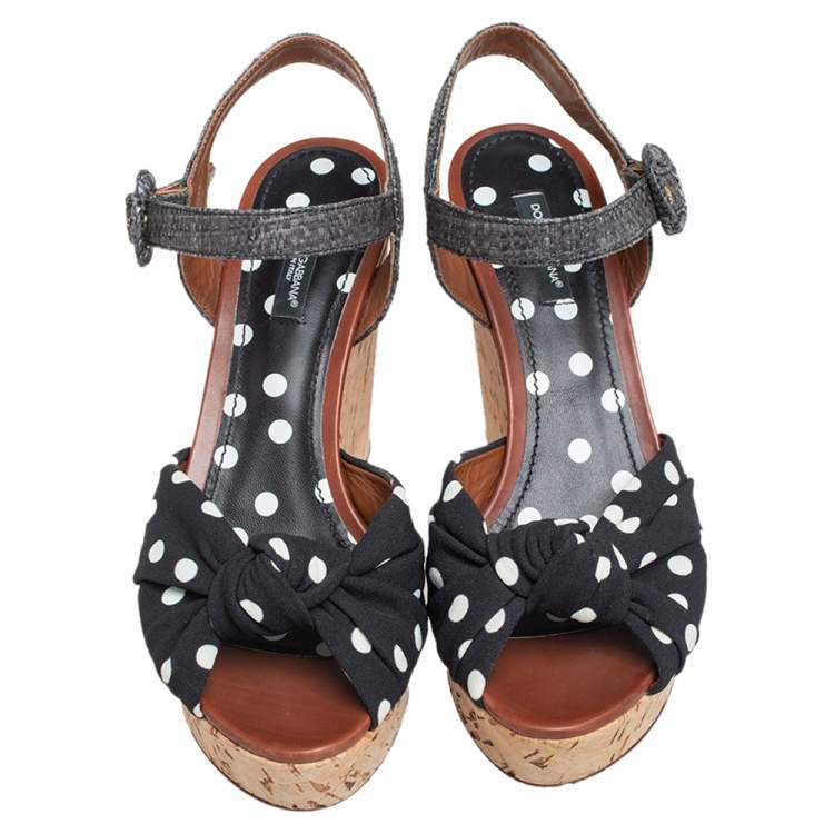 Pre Owned Dolce & Gabbana Black Polka Dot Fabric and Raffia Knot Cork Wedge Sandals Size 38