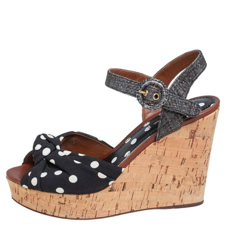 Pre Owned Dolce & Gabbana Black Polka Dot Fabric and Raffia Knot Cork Wedge Sandals Size 38