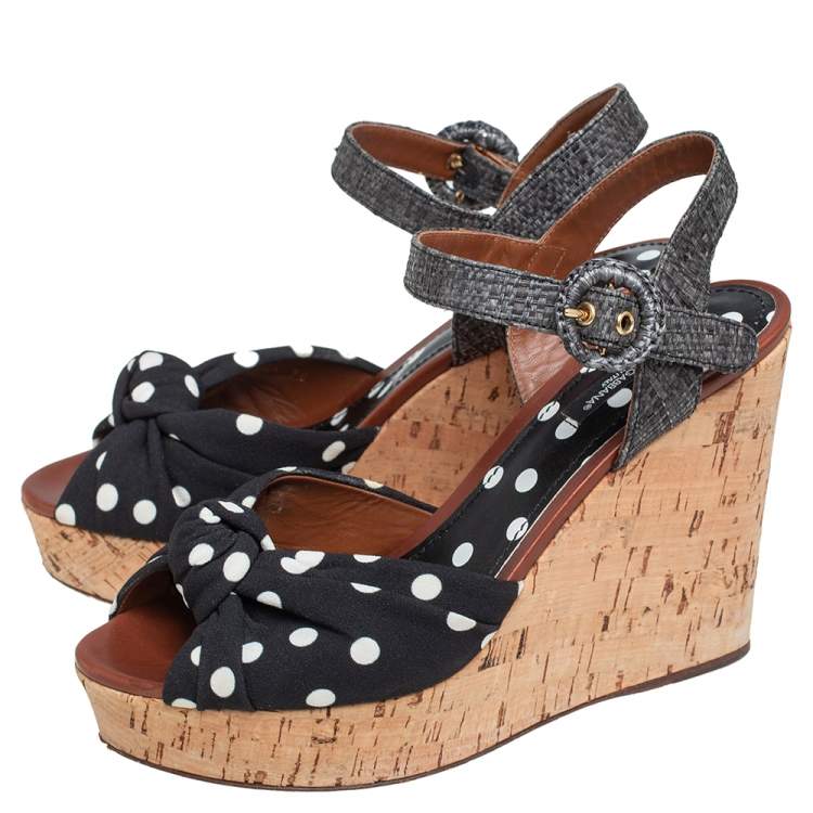 Pre Owned Dolce & Gabbana Black Polka Dot Fabric and Raffia Knot Cork Wedge Sandals Size 38