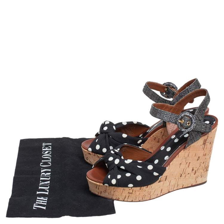 Pre Owned Dolce & Gabbana Black Polka Dot Fabric and Raffia Knot Cork Wedge Sandals Size 38