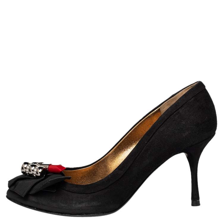 Pre Owned Dolce & Gabbana Black Suede And Fabric Embellished Bow Pumps Size 36