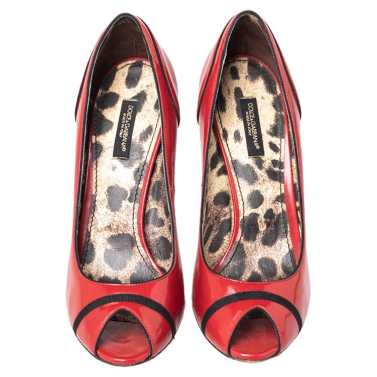 Pre Owned Dolce & Gabbana Red Leather Peep Toe Pumps Size 37.5