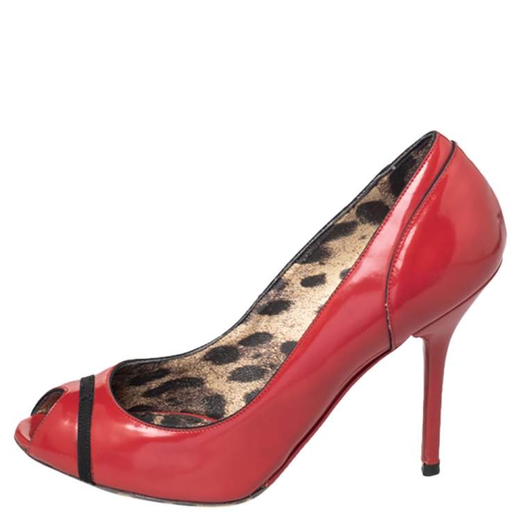 Pre Owned Dolce & Gabbana Red Leather Peep Toe Pumps Size 37.5
