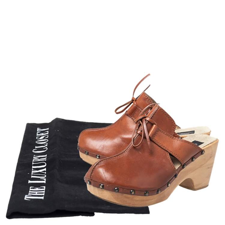 Pre Owned Dolce & Gabbana Tan Leather Bow Wooden Clogs Size 39