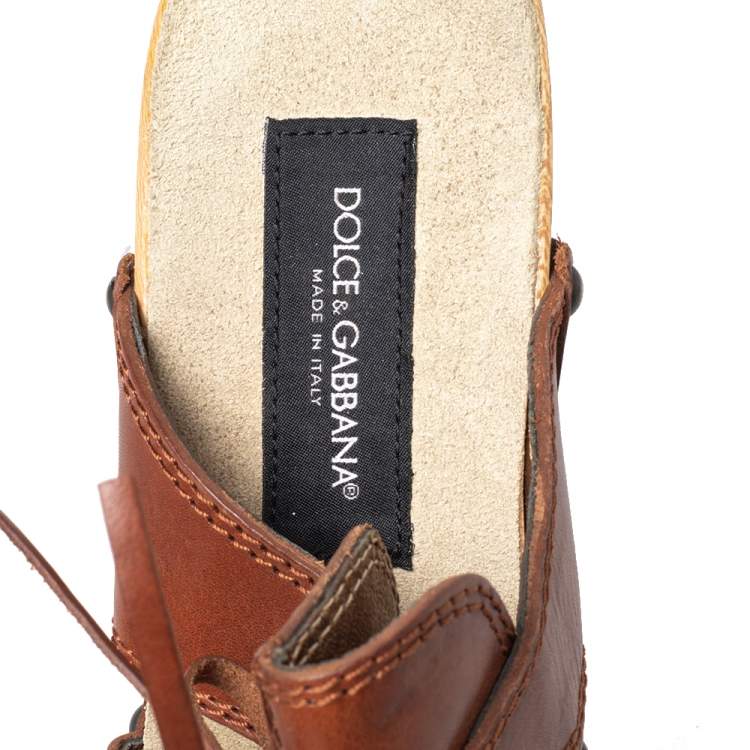 Pre Owned Dolce & Gabbana Tan Leather Bow Wooden Clogs Size 39