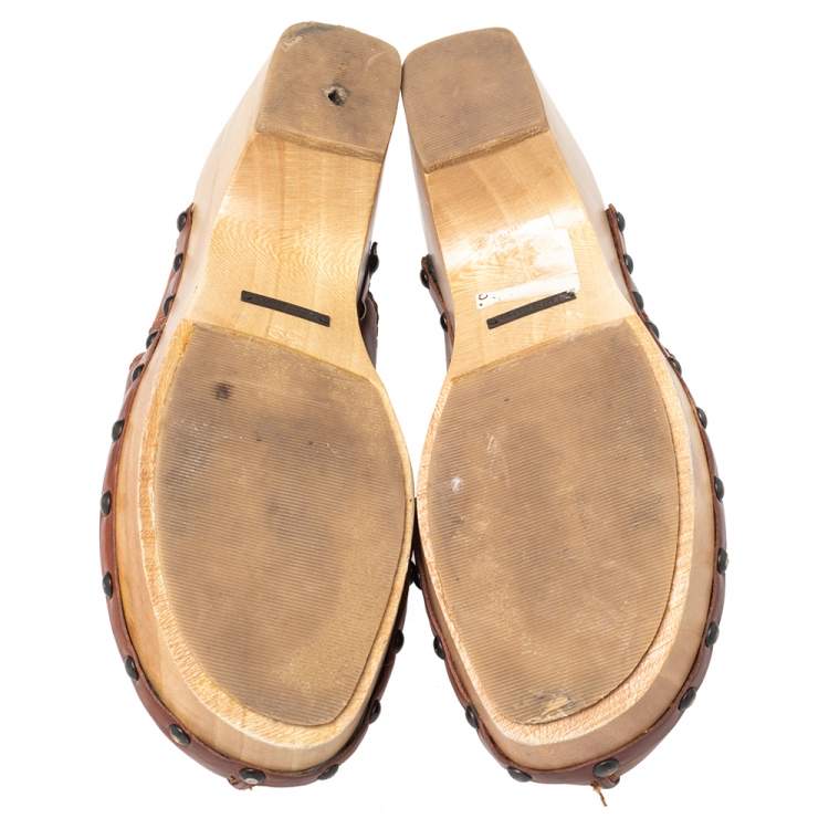 Pre Owned Dolce & Gabbana Tan Leather Bow Wooden Clogs Size 39