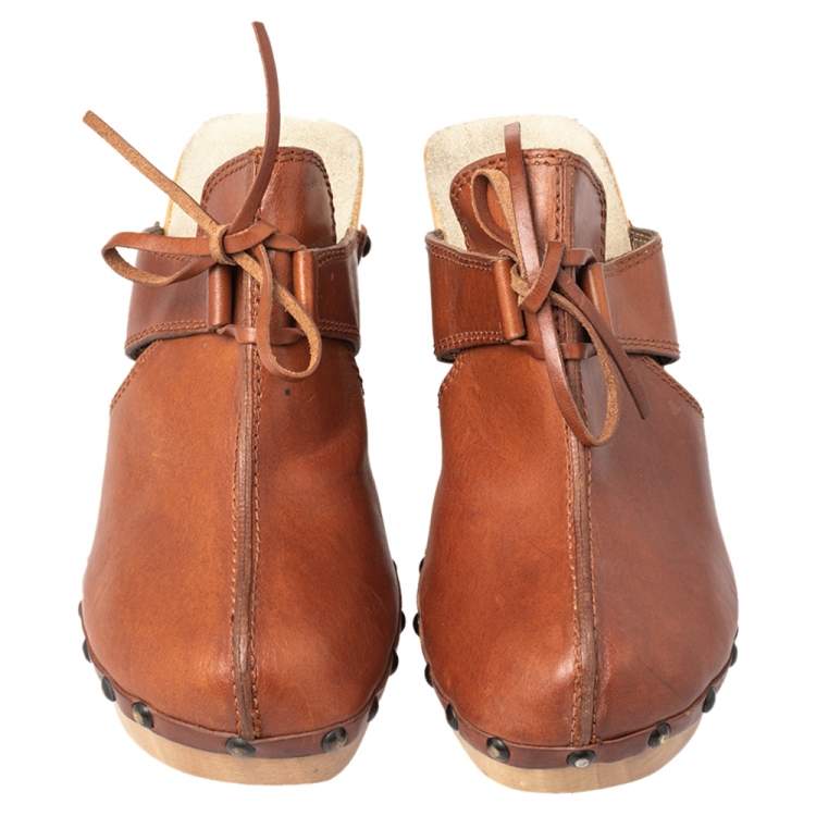 Pre Owned Dolce & Gabbana Tan Leather Bow Wooden Clogs Size 39