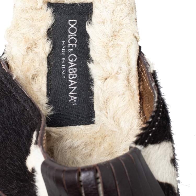 Pre Owned Dolce & Gabbana Brown Calf Hair And Leather Bow Fringe Detail Wooden Clogs Size 39  