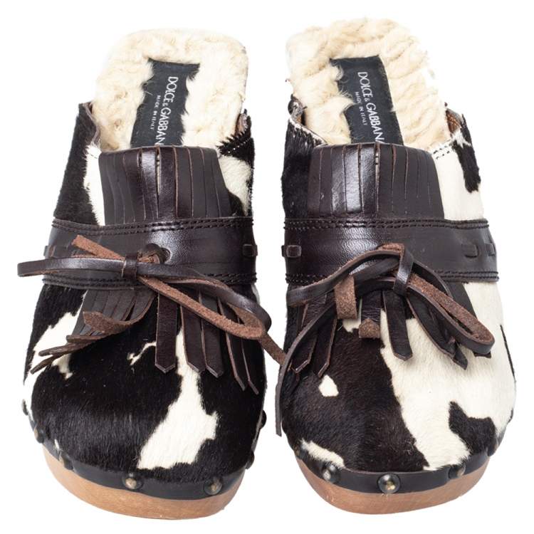Pre Owned Dolce & Gabbana Brown Calf Hair And Leather Bow Fringe Detail Wooden Clogs Size 39  