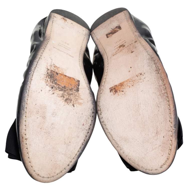 Pre Owned Dolce and Gabbana Black Patent Leather Crystal Embellished Bow Scrunch Ballet Flats Size 38.5
