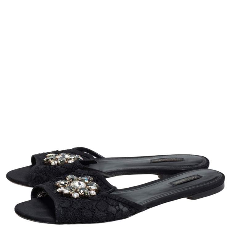 مملوكة مسبقًا Dolce & Gabbana Black Lace Sofia Crystal Embellished Flats Size 41