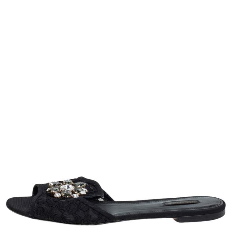مملوكة مسبقًا Dolce & Gabbana Black Lace Sofia Crystal Embellished Flats Size 41