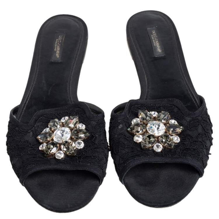 مملوكة مسبقًا Dolce & Gabbana Black Lace Sofia Crystal Embellished Flats Size 41
