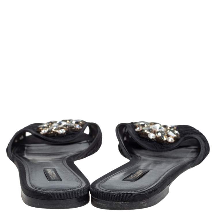 مملوكة مسبقًا Dolce & Gabbana Black Lace Sofia Crystal Embellished Flats Size 41