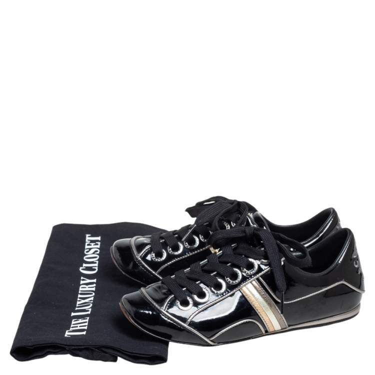Pre Owned Dolce & Gabbana Black Patent Leather Striped Sneakers Size 35
