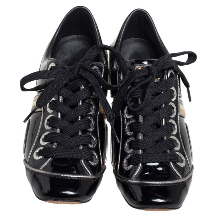 Pre Owned Dolce & Gabbana Black Patent Leather Striped Sneakers Size 35