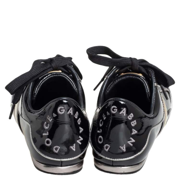 Pre Owned Dolce & Gabbana Black Patent Leather Striped Sneakers Size 35