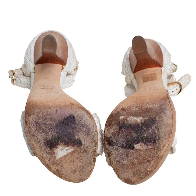 Pre Owned Dolce & Gabbana White Knitted Fabric and Straw Embellished Wooden Platform Sandals Size 37.5