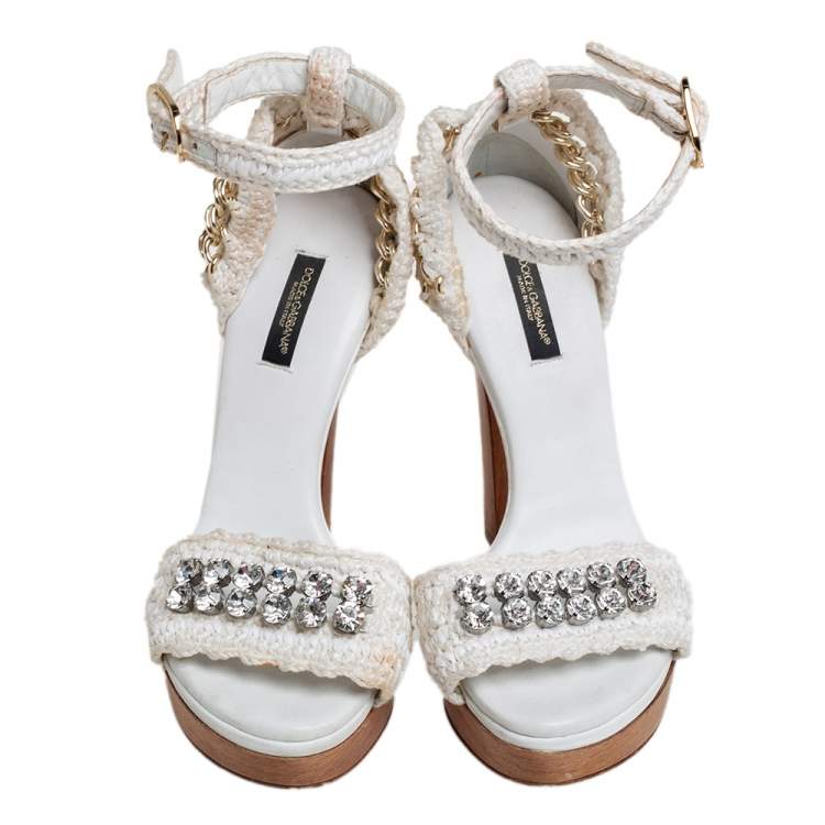 Pre Owned Dolce & Gabbana White Knitted Fabric and Straw Embellished Wooden Platform Sandals Size 37.5
