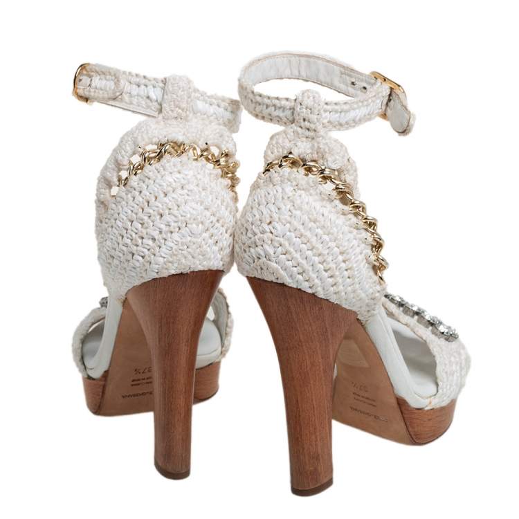 Pre Owned Dolce & Gabbana White Knitted Fabric and Straw Embellished Wooden Platform Sandals Size 37.5