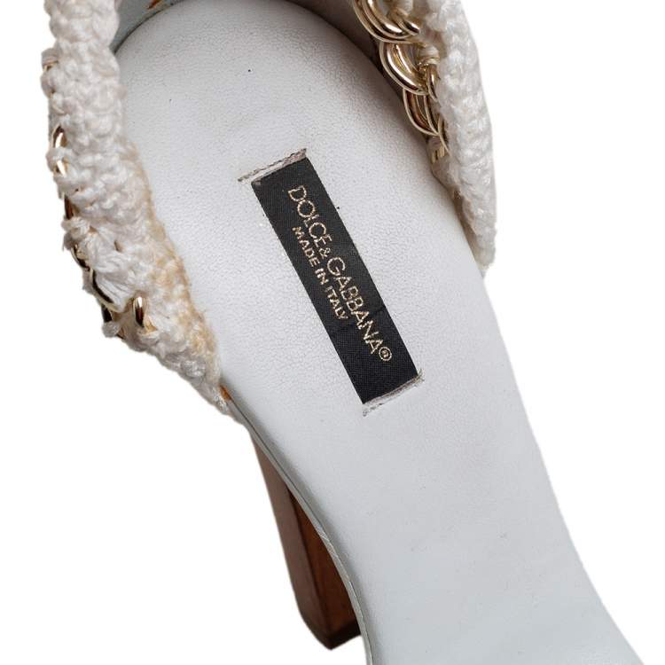 Pre Owned Dolce & Gabbana White Knitted Fabric and Straw Embellished Wooden Platform Sandals Size 37.5