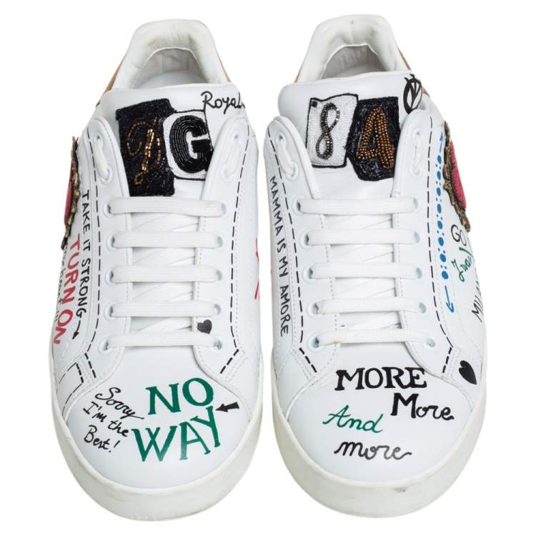 Pre Owned Dolce & Gabbana White Leather Graffiti Printed Portofino Low Top Sneakers Size 37.5