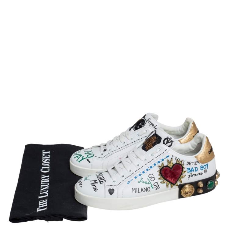 Pre Owned Dolce & Gabbana White Leather Graffiti Printed Portofino Low Top Sneakers Size 37.5