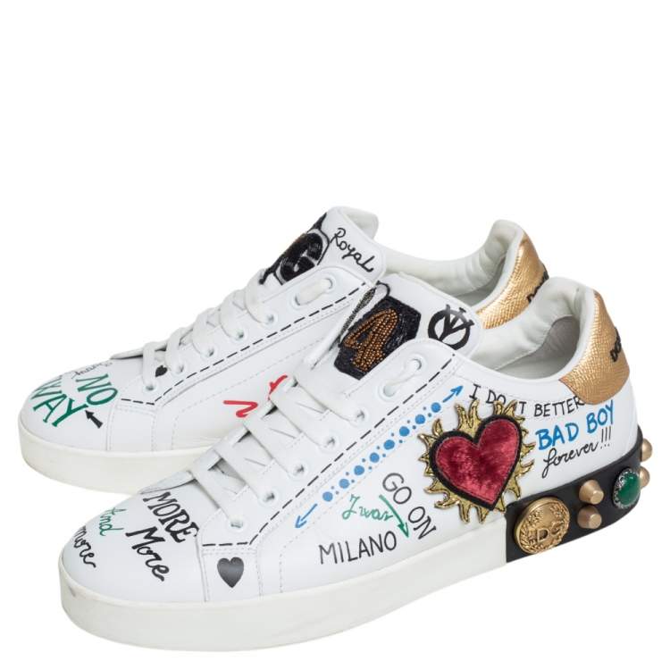 Pre Owned Dolce & Gabbana White Leather Graffiti Printed Portofino Low Top Sneakers Size 37.5