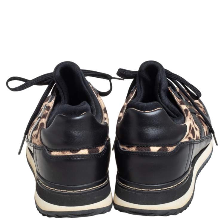 Pre Owned Dolce & Gabbana Black/Brown Leopard Print Canvas and Leather Low Top Sneakers Size 37