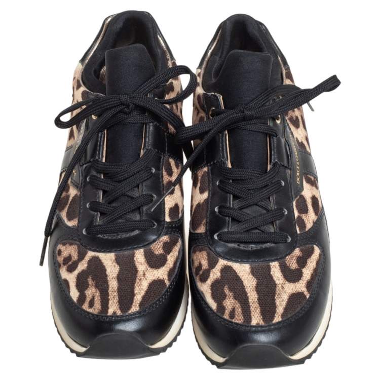 Pre Owned Dolce & Gabbana Black/Brown Leopard Print Canvas and Leather Low Top Sneakers Size 37