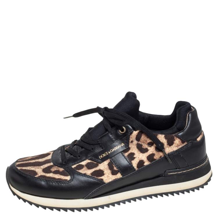 Pre Owned Dolce & Gabbana Black/Brown Leopard Print Canvas and Leather Low Top Sneakers Size 37