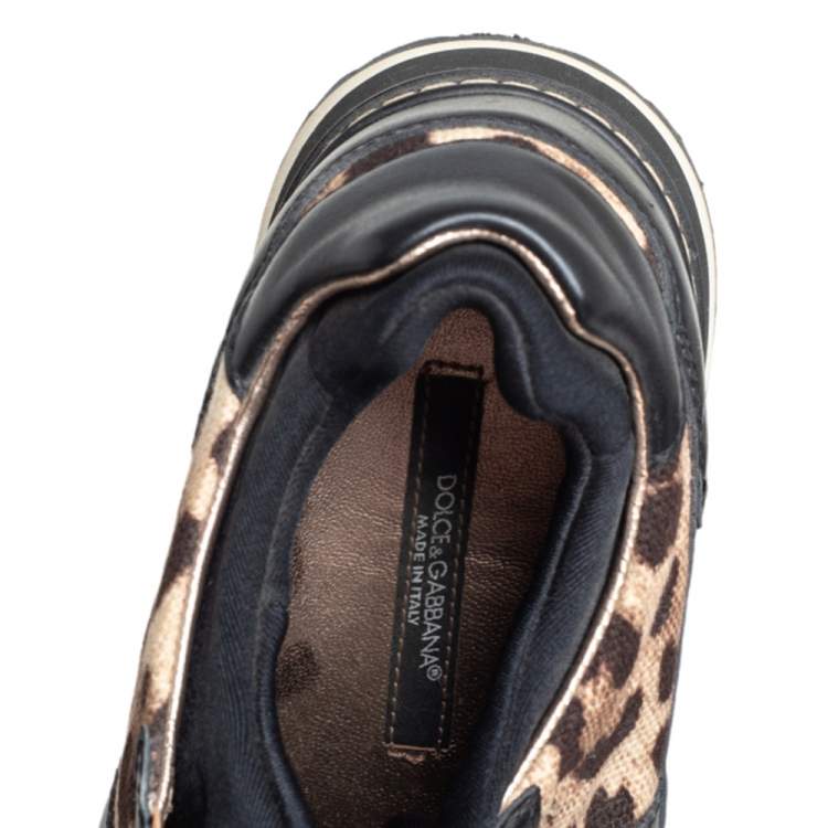 Pre Owned Dolce & Gabbana Black/Brown Leopard Print Canvas and Leather Low Top Sneakers Size 37