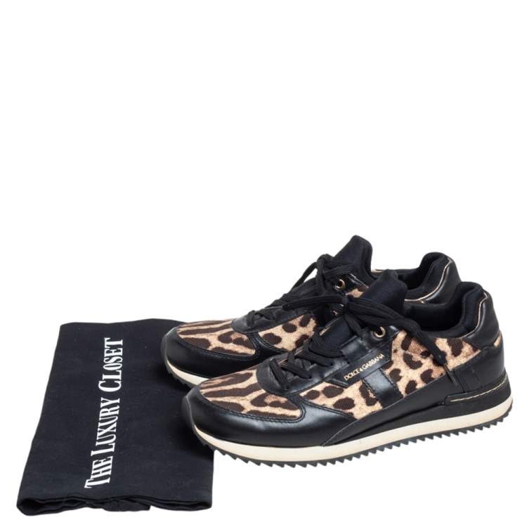 Pre Owned Dolce & Gabbana Black/Brown Leopard Print Canvas and Leather Low Top Sneakers Size 37