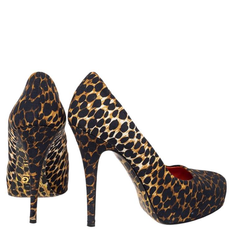 Pre Owned Dolce & Gabbana Black/Brown Leopard Print Fabric Platform Pumps Size 37