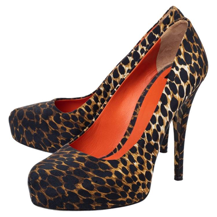 Pre Owned Dolce & Gabbana Black/Brown Leopard Print Fabric Platform Pumps Size 37