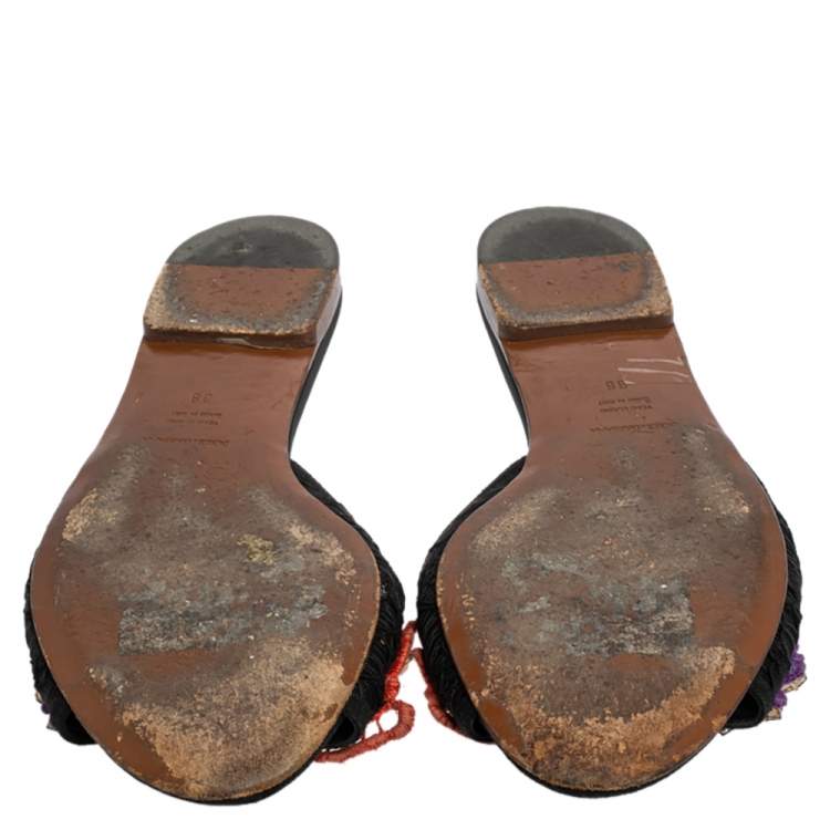 Pre Owned Dolce & Gabbana Black Lace And Canvas Crystal Flower Embellished Flat Slides Size 38