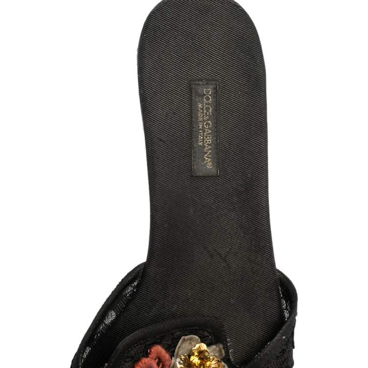 Pre Owned Dolce & Gabbana Black Lace And Canvas Crystal Flower Embellished Flat Slides Size 38