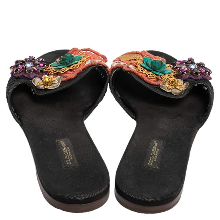 Pre Owned Dolce & Gabbana Black Lace And Canvas Crystal Flower Embellished Flat Slides Size 38