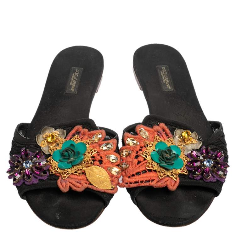 Pre Owned Dolce & Gabbana Black Lace And Canvas Crystal Flower Embellished Flat Slides Size 38
