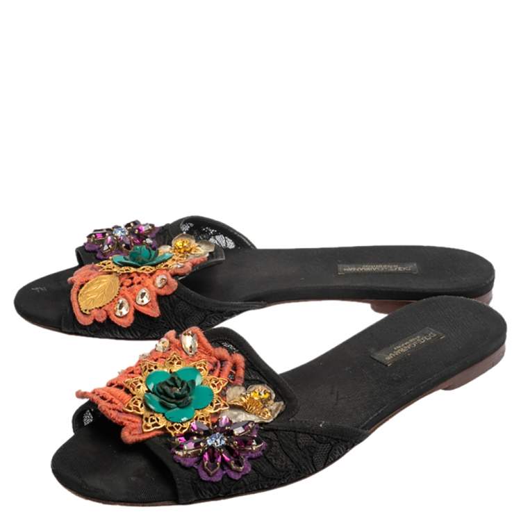 Pre Owned Dolce & Gabbana Black Lace And Canvas Crystal Flower Embellished Flat Slides Size 38