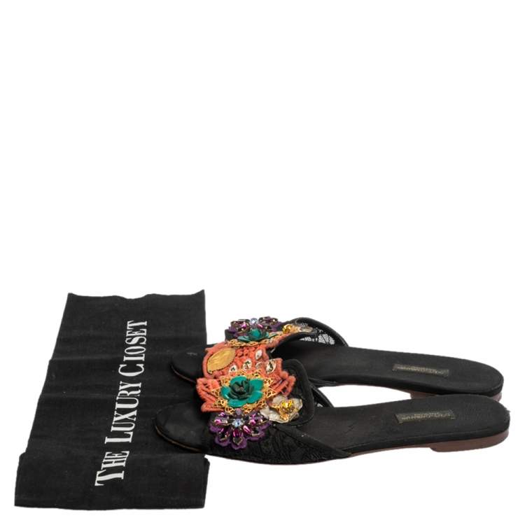 Pre Owned Dolce & Gabbana Black Lace And Canvas Crystal Flower Embellished Flat Slides Size 38