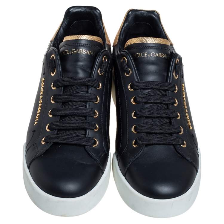 Pre Owned Dolce&Gabbana Black Leather Portofino Low Top Sneakers Size 40