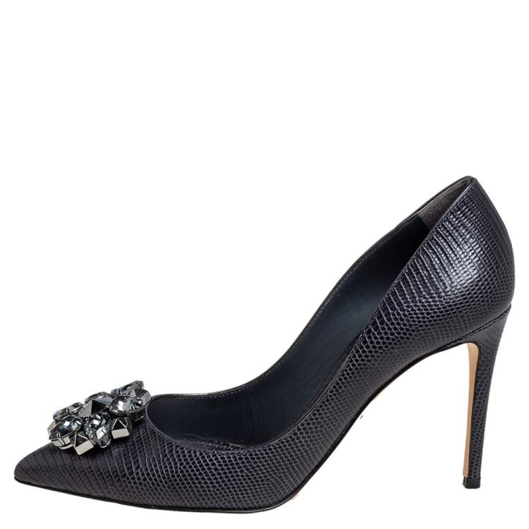 Pre Owned Dolce & Gabbana Anthracite Lizard Embossed Leather Bellucci Crystal Embellished Pumps Size 38
