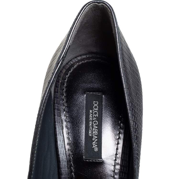 Pre Owned Dolce & Gabbana Anthracite Lizard Embossed Leather Bellucci Crystal Embellished Pumps Size 38