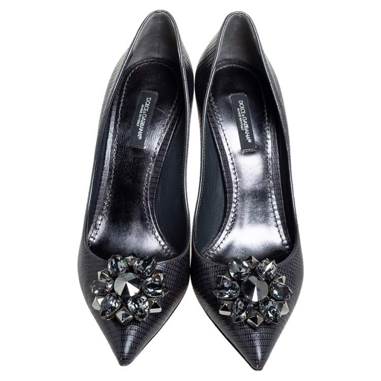 Pre Owned Dolce & Gabbana Anthracite Lizard Embossed Leather Bellucci Crystal Embellished Pumps Size 38