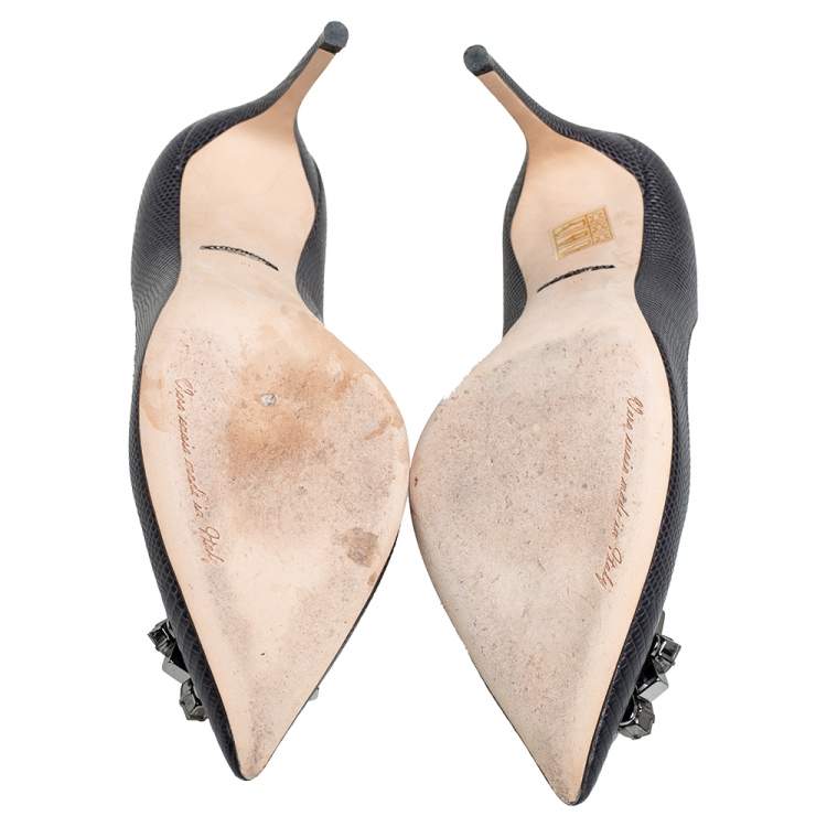Pre Owned Dolce & Gabbana Anthracite Lizard Embossed Leather Bellucci Crystal Embellished Pumps Size 38