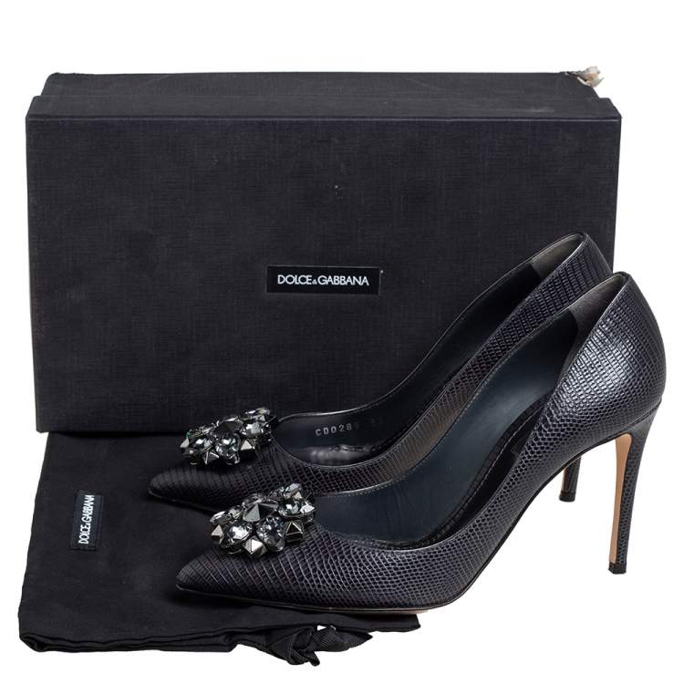 Pre Owned Dolce & Gabbana Anthracite Lizard Embossed Leather Bellucci Crystal Embellished Pumps Size 38