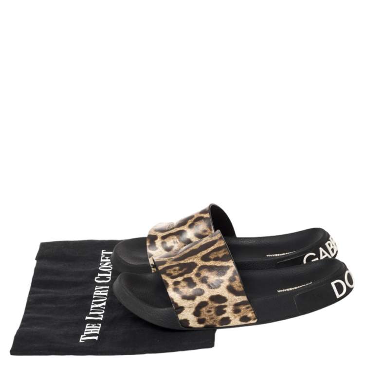 مملوكة مسبقًا Dolce & Gabbana Brown/Beige Leopard Print Leather Flat Slides Size 41